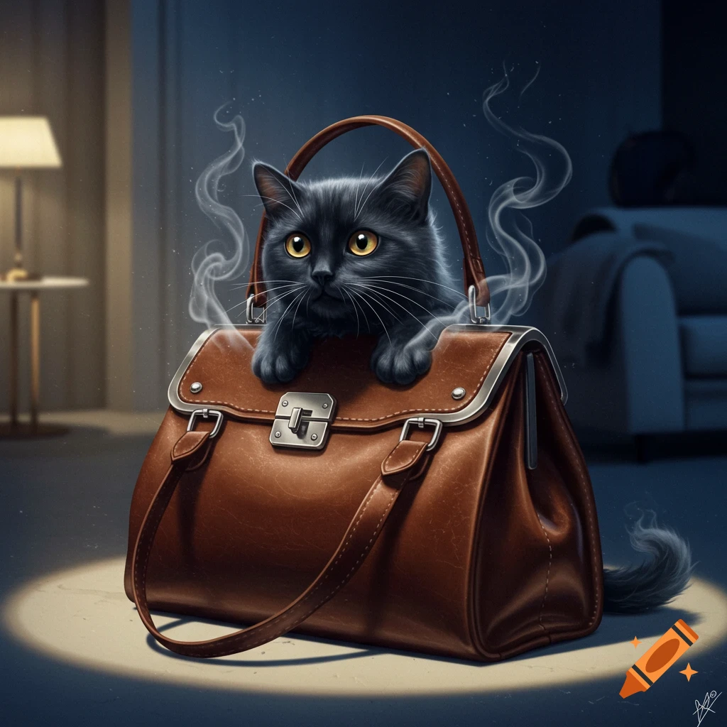 A cute black cat with yellow eyes peeks out of a brown leather bag, with smoke rising around it, in a digital art style.