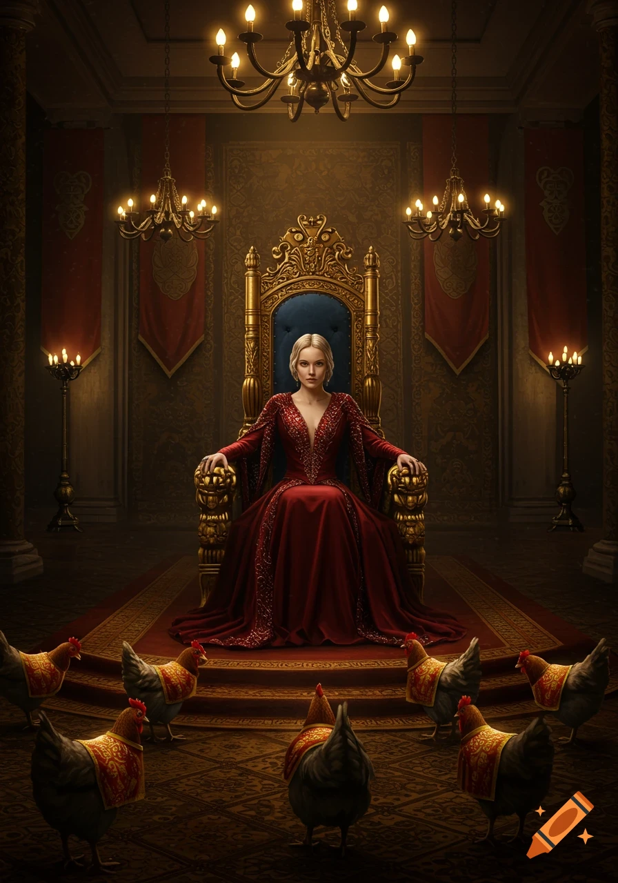 A queen in a red gown sits on a golden throne in a regal chamber, surrounded by chickens.