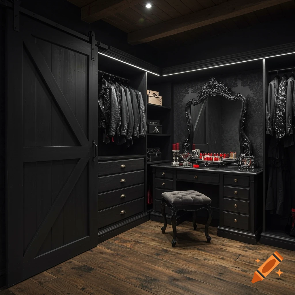A dark, gothic-style walk-in closet with black barn doors, a vanity with a mirrored dresser, and racks of black clothing.