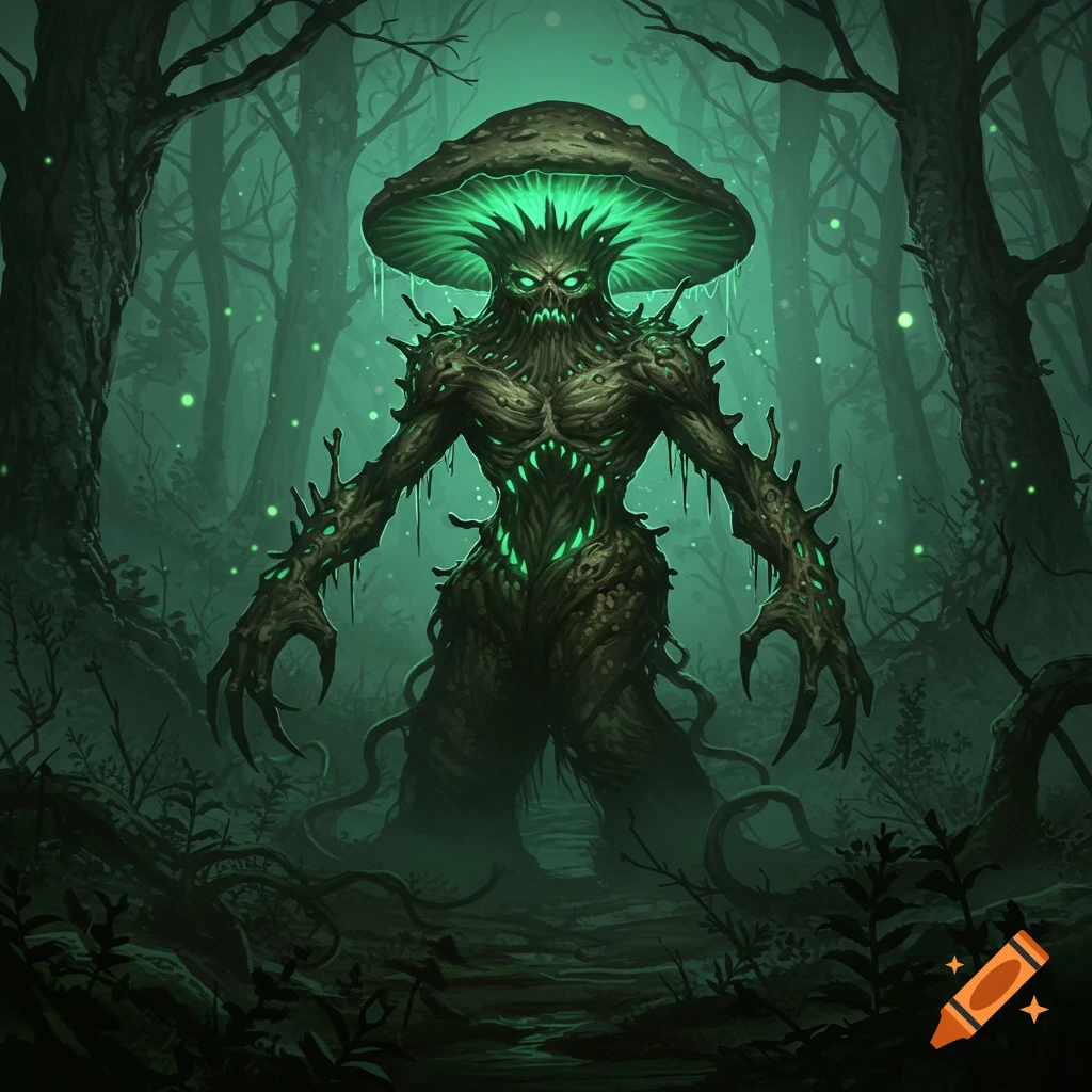 A menacing, glowing green mushroom creature stands in a dark, misty forest, fantasy art.