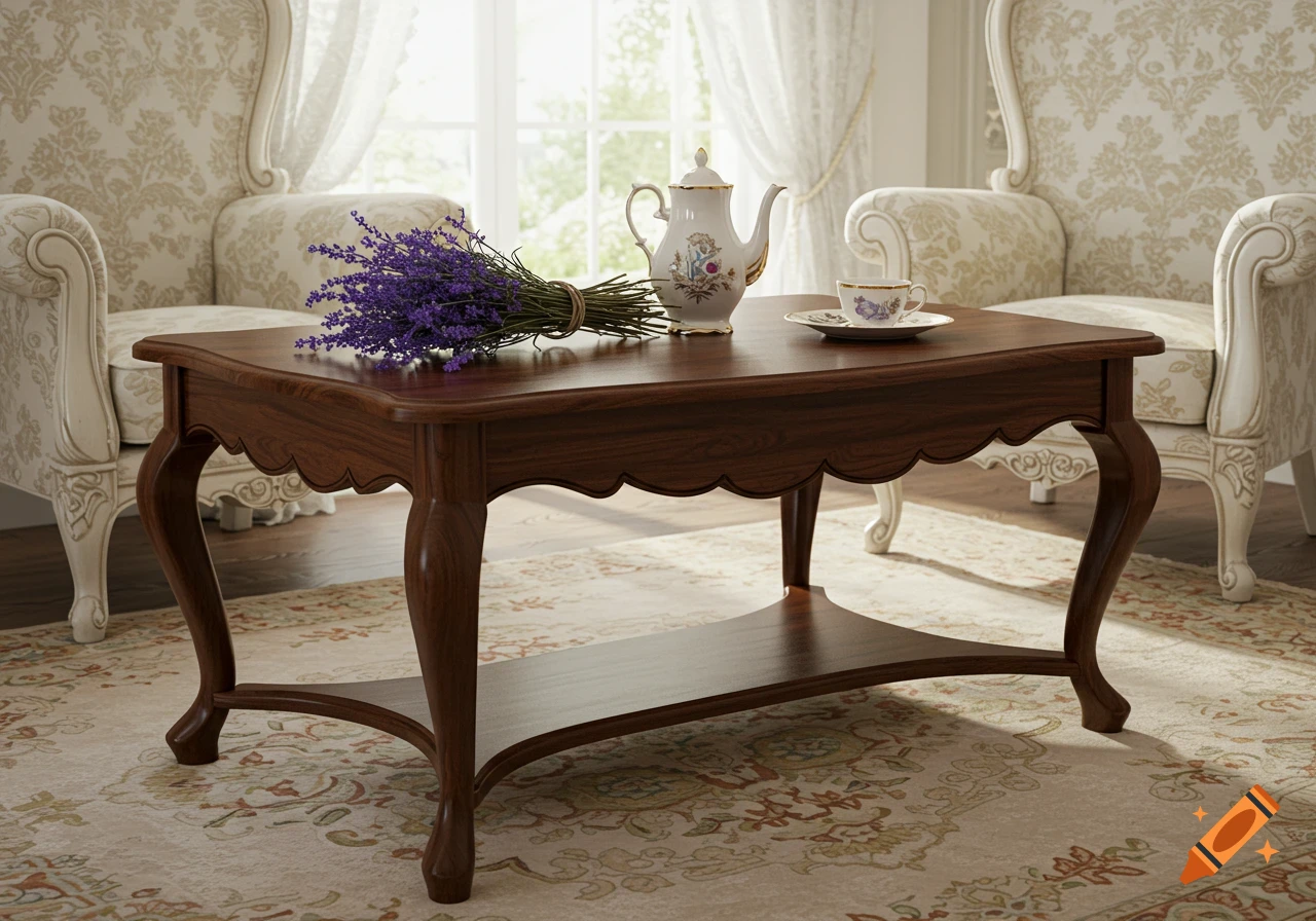 Photorealistic French-style wooden coffee table with lavender, teapot, and teacup, flanked by armchairs in a sunlit room.