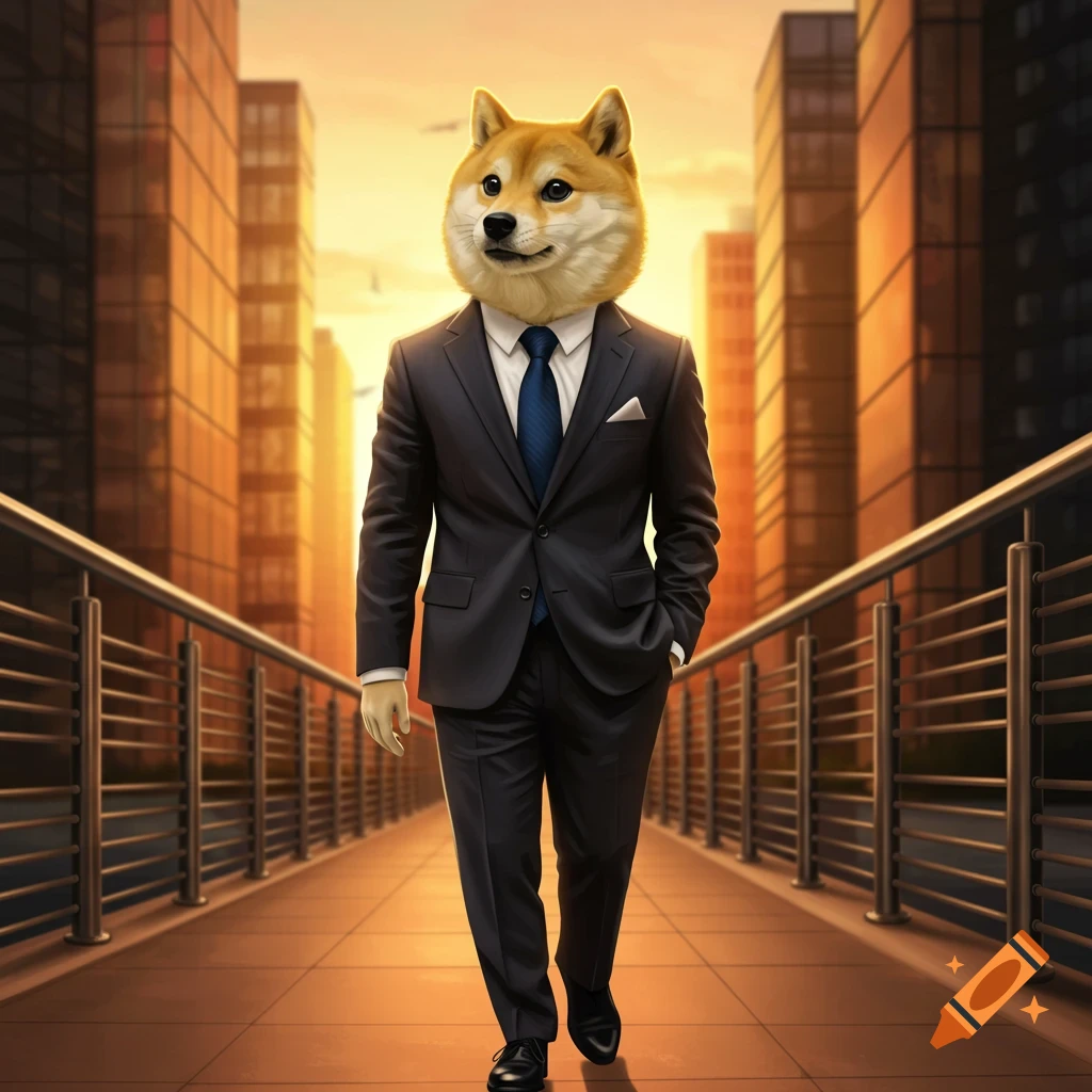 A Shiba Inu dog with a human body wearing a suit and tie walks on a bridge in a city at sunset in a photorealistic style.