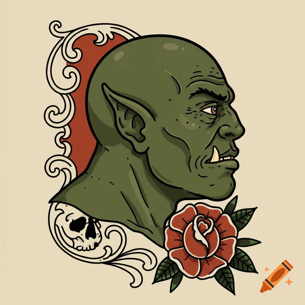 Side profile of a bald green orc head with large ears and tusks, in American traditional tattoo style with a red rose and skull.