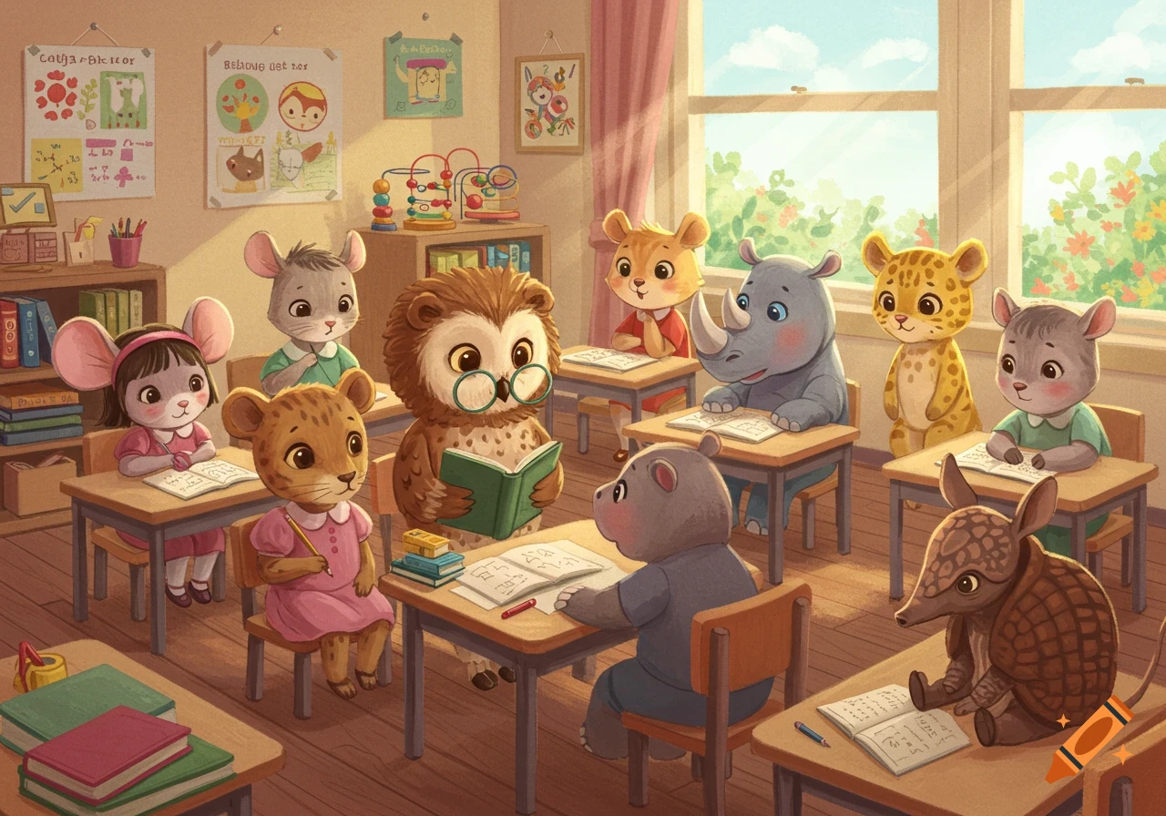 Cute anthropomorphic animal students in a brightly lit kindergarten classroom, listening to their owl teacher read a book.