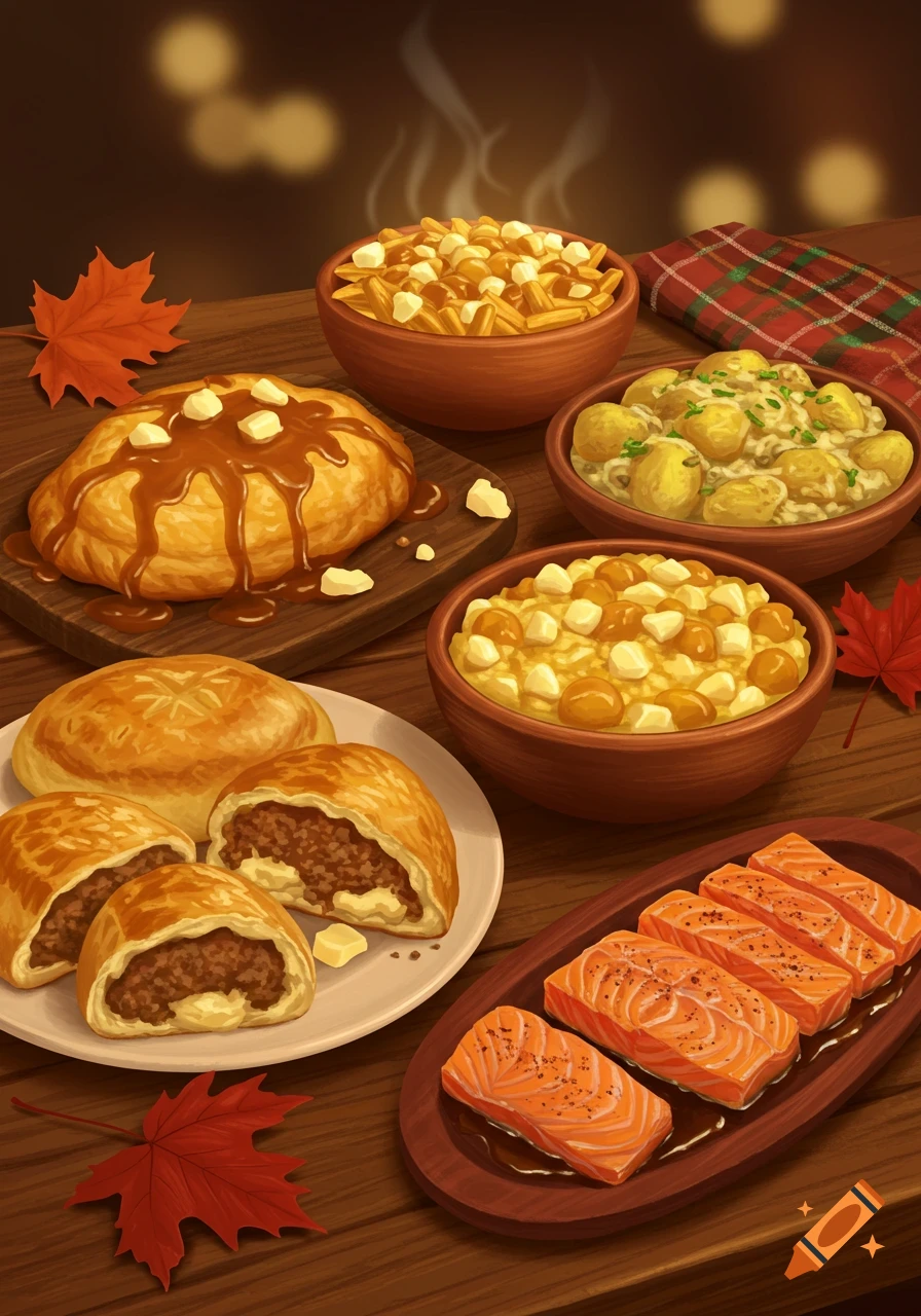 A variety of Canadian dishes including poutine, tourtiere, fricot, bannock, and salmon candy, laid out on a wooden table. Illustrated in a warm, inviting style.
