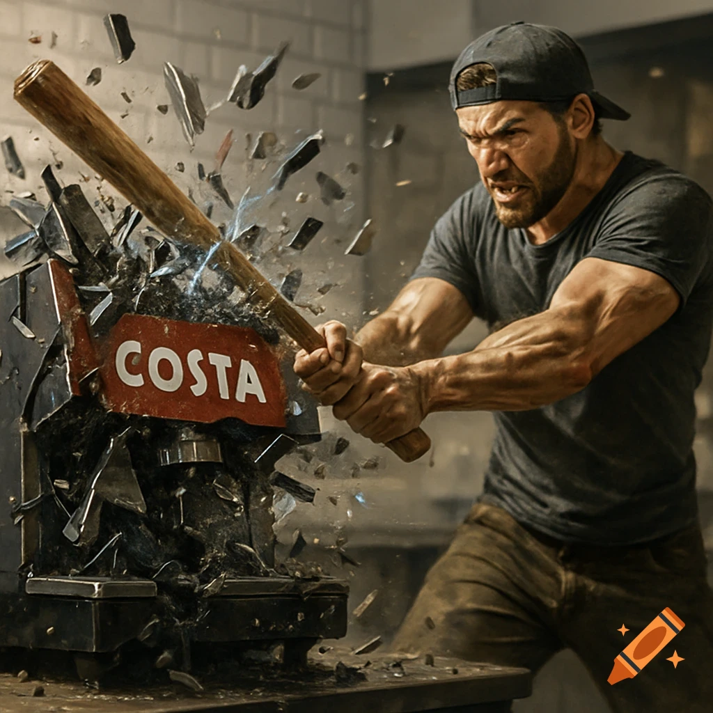 A man in a baseball cap intensely smashes a Costa coffee machine with a baseball bat, sending debris flying in a photorealistic style.
