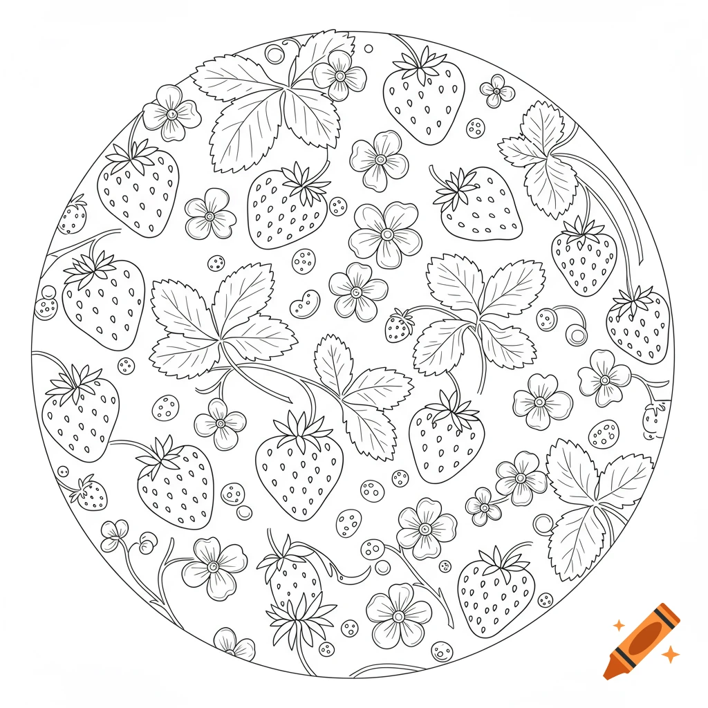 A black and white line art illustration of a circular strawberry and flower pattern, suitable for tracing.