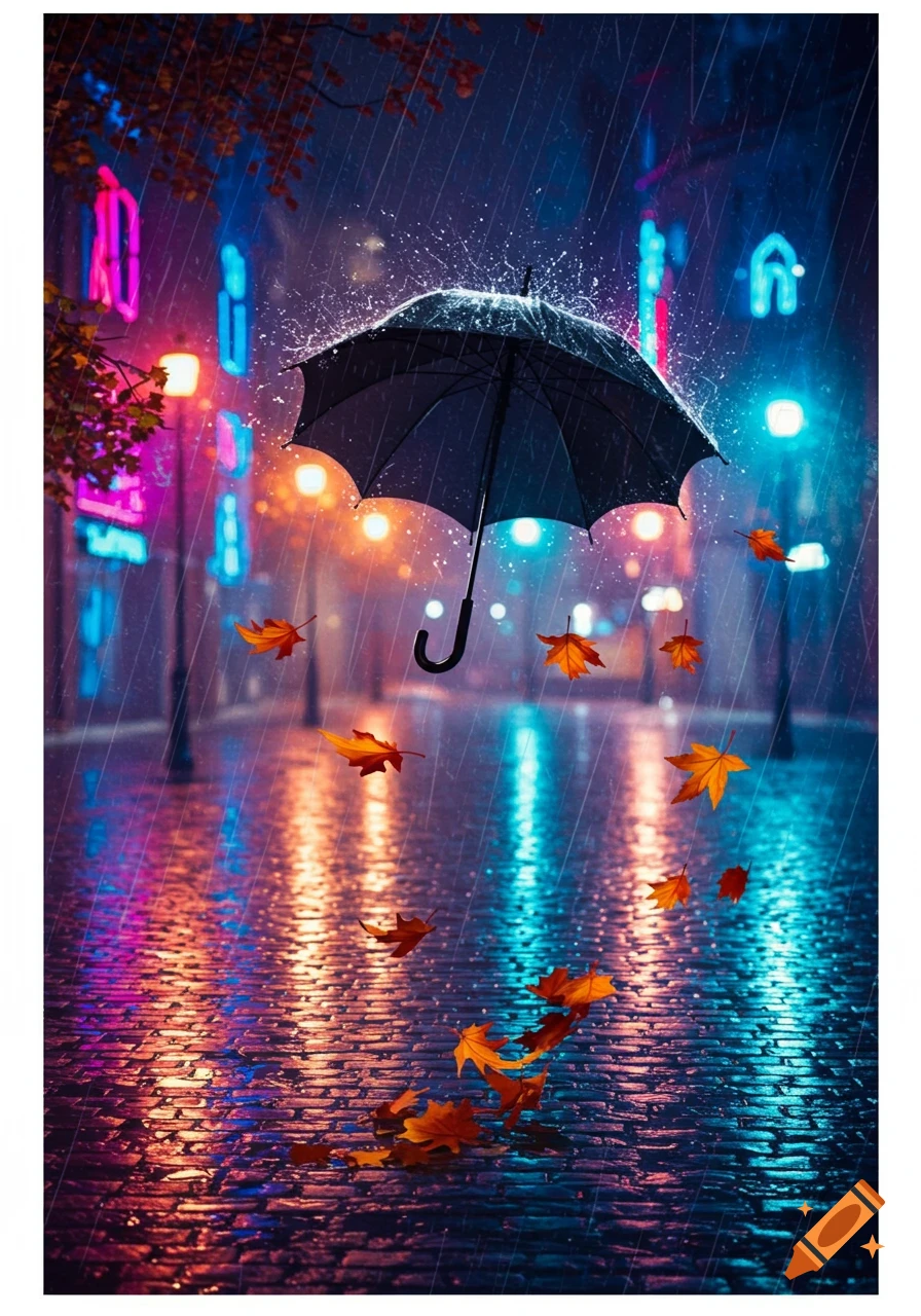 A black umbrella in heavy rain on a wet city street at night, with orange autumn leaves falling. Bright neon lights reflect on the cobblestone.