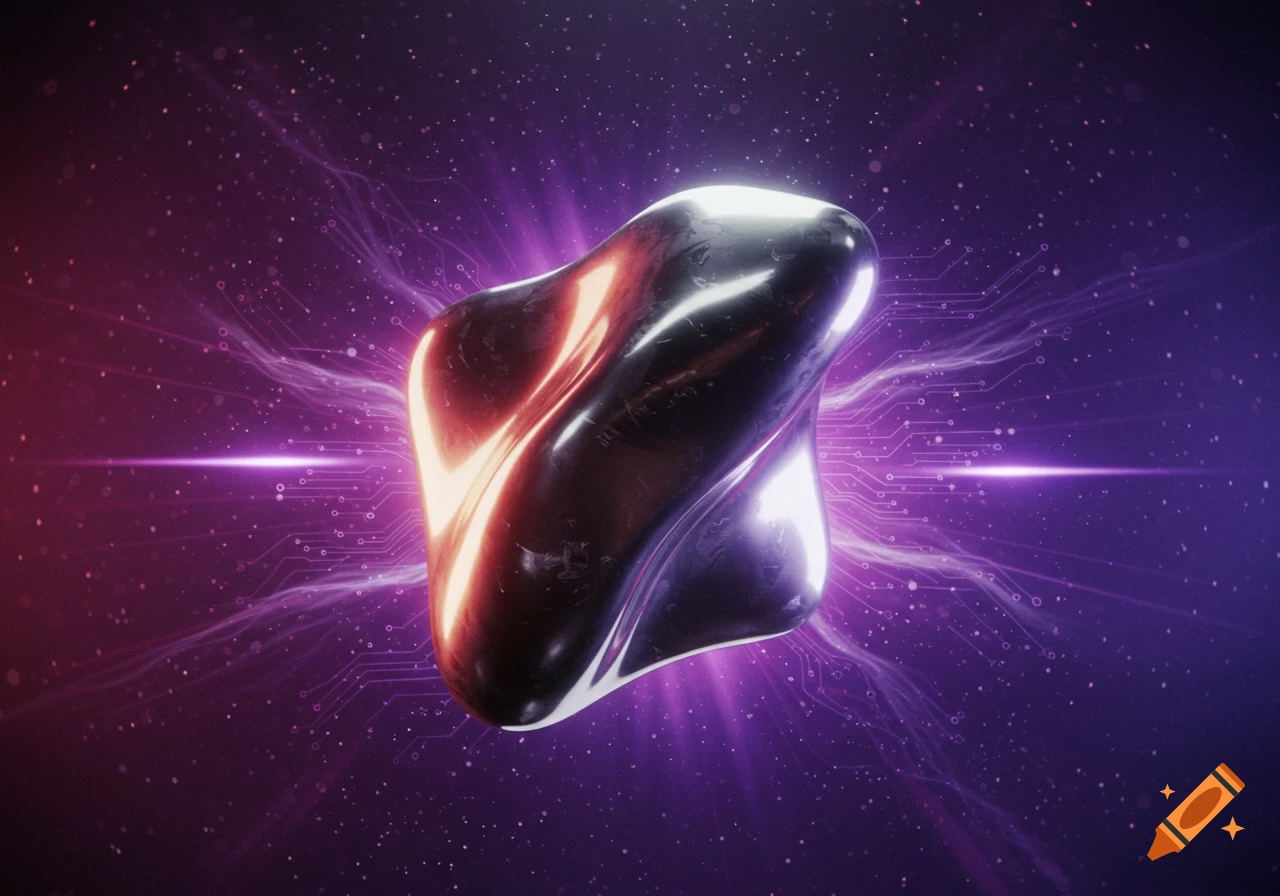 A glowing silver asymmetrical chrome shape floating in a purple digital space with radiant circuit lines and scattered particles.