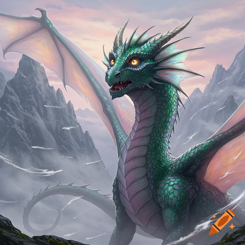 A vibrant green dragon with orange eyes stands amidst misty mountains under a colorful sky.
