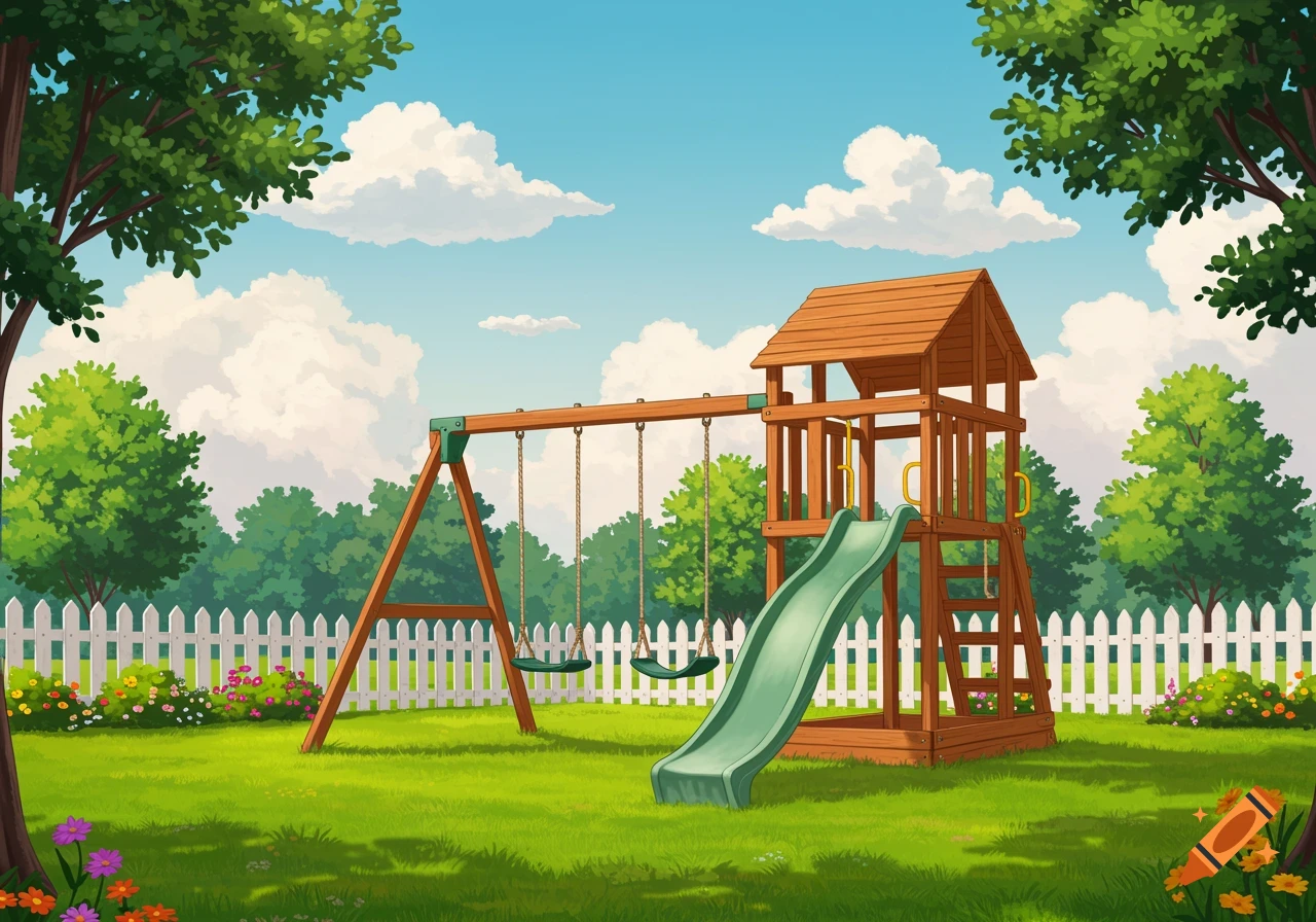 A sunny cartoon backyard with a wooden playground set, swings, and slide on green grass, bordered by a white fence and trees.