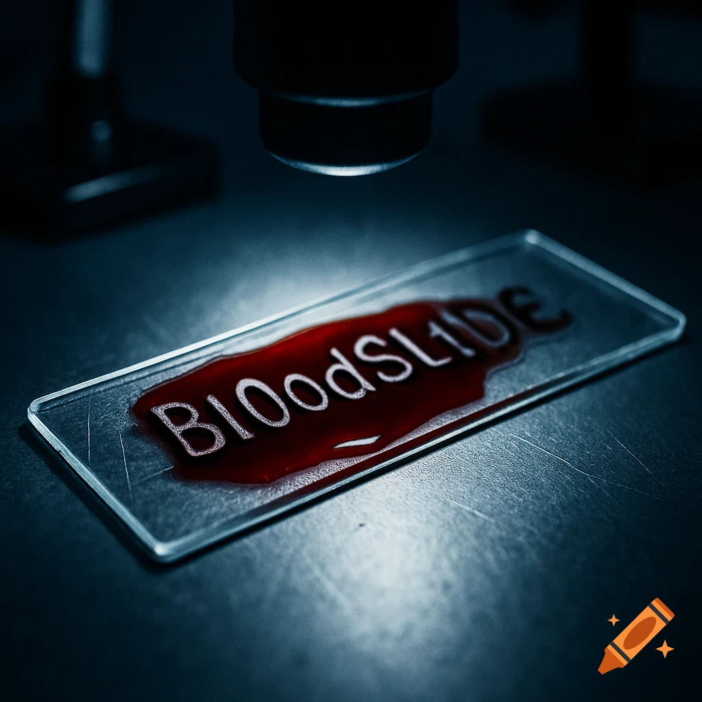 A close-up view of a microscope slide with red liquid spelling 'Bl00dSl1DE' under a microscope lens.