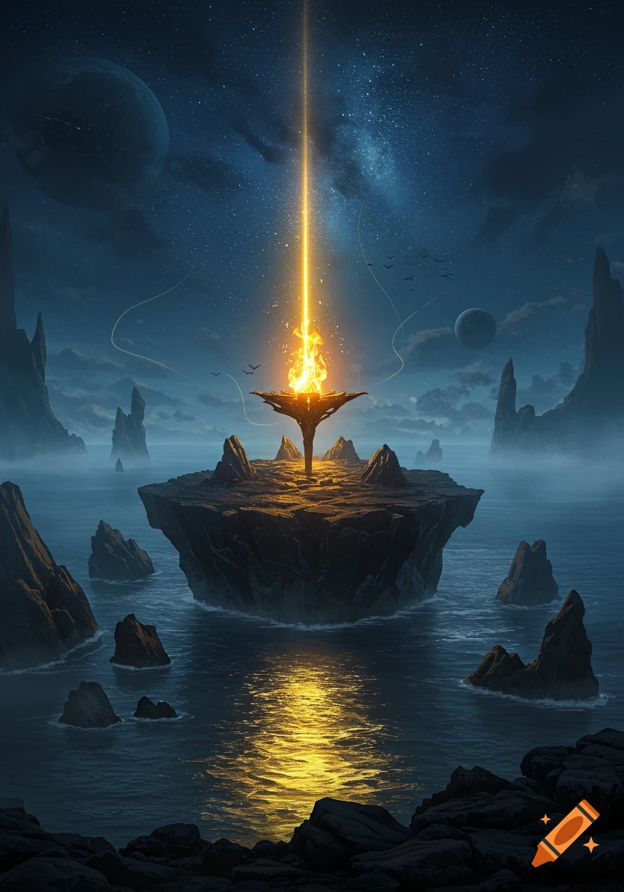 A glowing magical flame on a floating island illuminates a dark, otherworldly landscape with jagged cliffs, water, and planets under a starry sky.