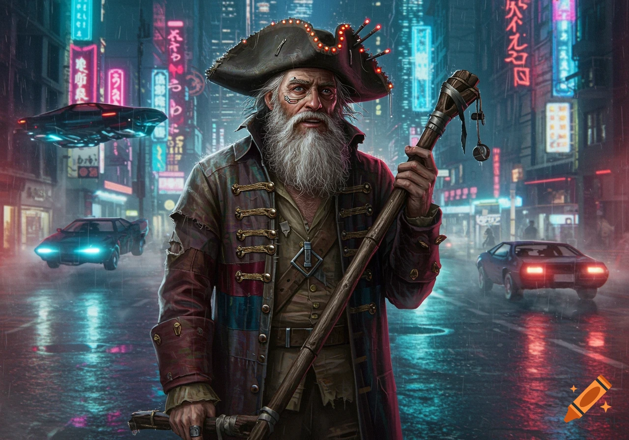 An aging man with a long white beard, wearing a cyberpunk pirate outfit and holding a staff, stands on a neon-lit, rainy city street with futuristic cars.