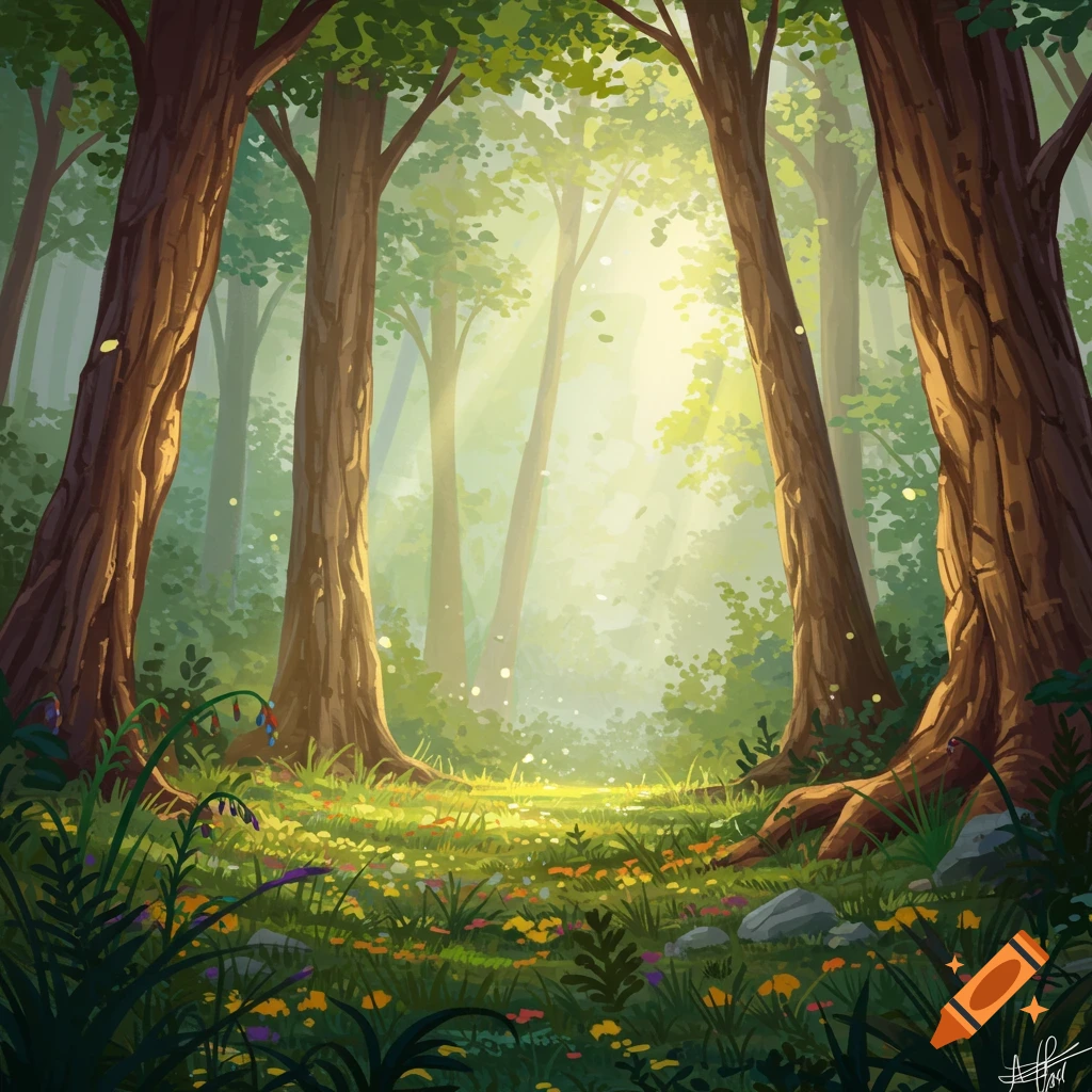 Vibrant, sun-dappled forest floor with tall trees, lush green foliage, and colorful wildflowers.