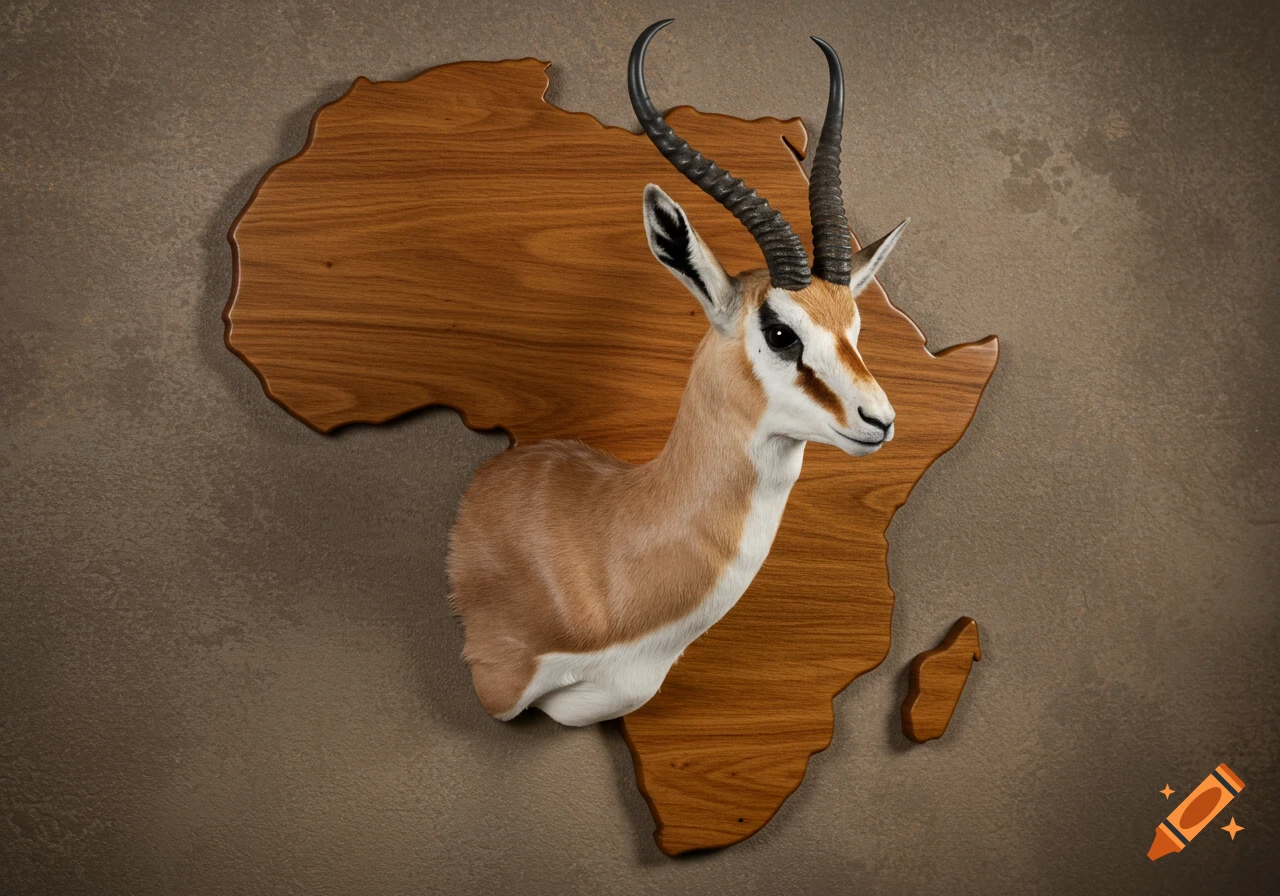 Photorealistic image of a springbok shoulder mount on a wood plaque shaped like the continent of Africa.