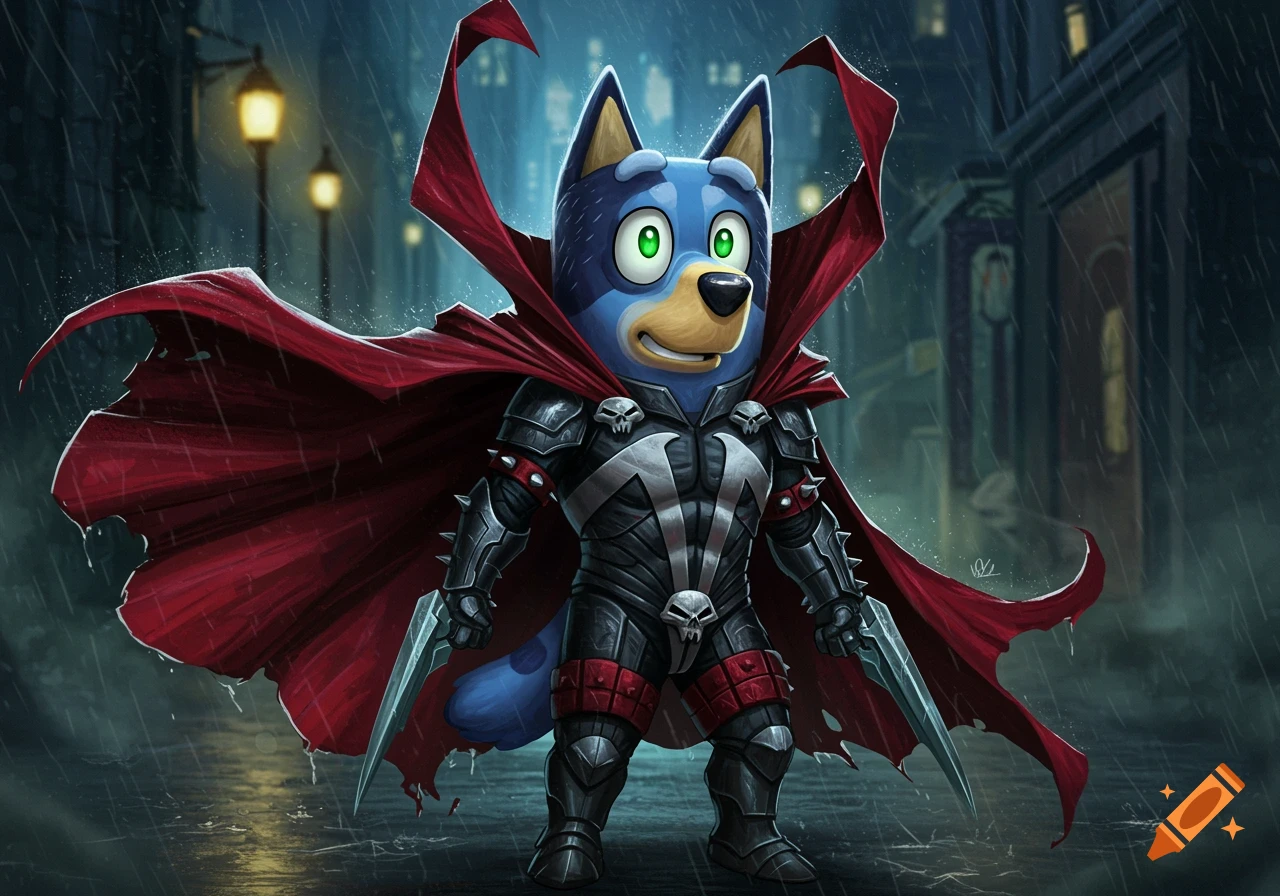 Bluey dressed as Spawn, in black armor, a red cape, and daggers, stands in a rainy, dark alley.