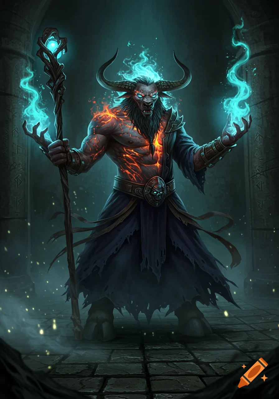 A powerful minotaur wizard with glowing blue eyes, fiery cracks on his skin, and blue flames emanating from his hands and head, holding a staff in a dark dungeon.