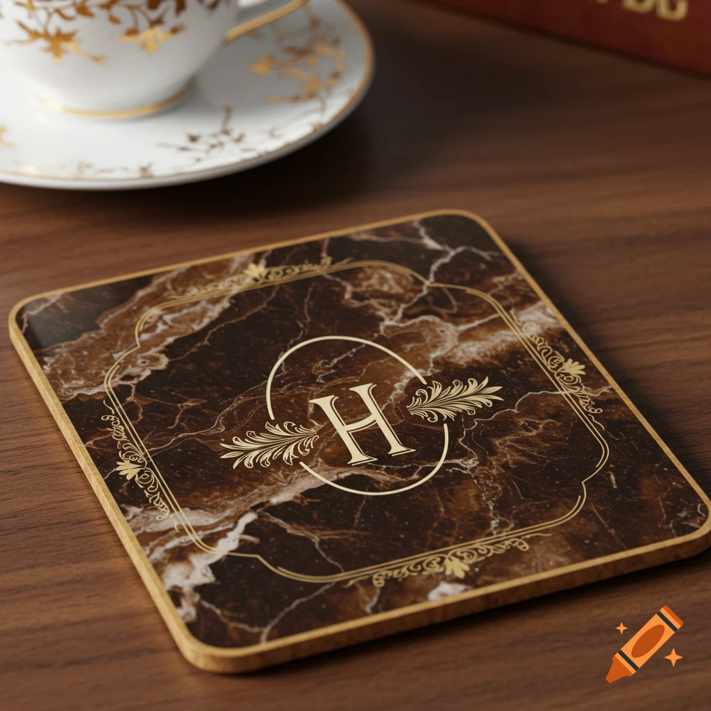 Photorealistic brown marble coaster with a gold 'H' and decorative border on a wooden table, next to a white teacup.