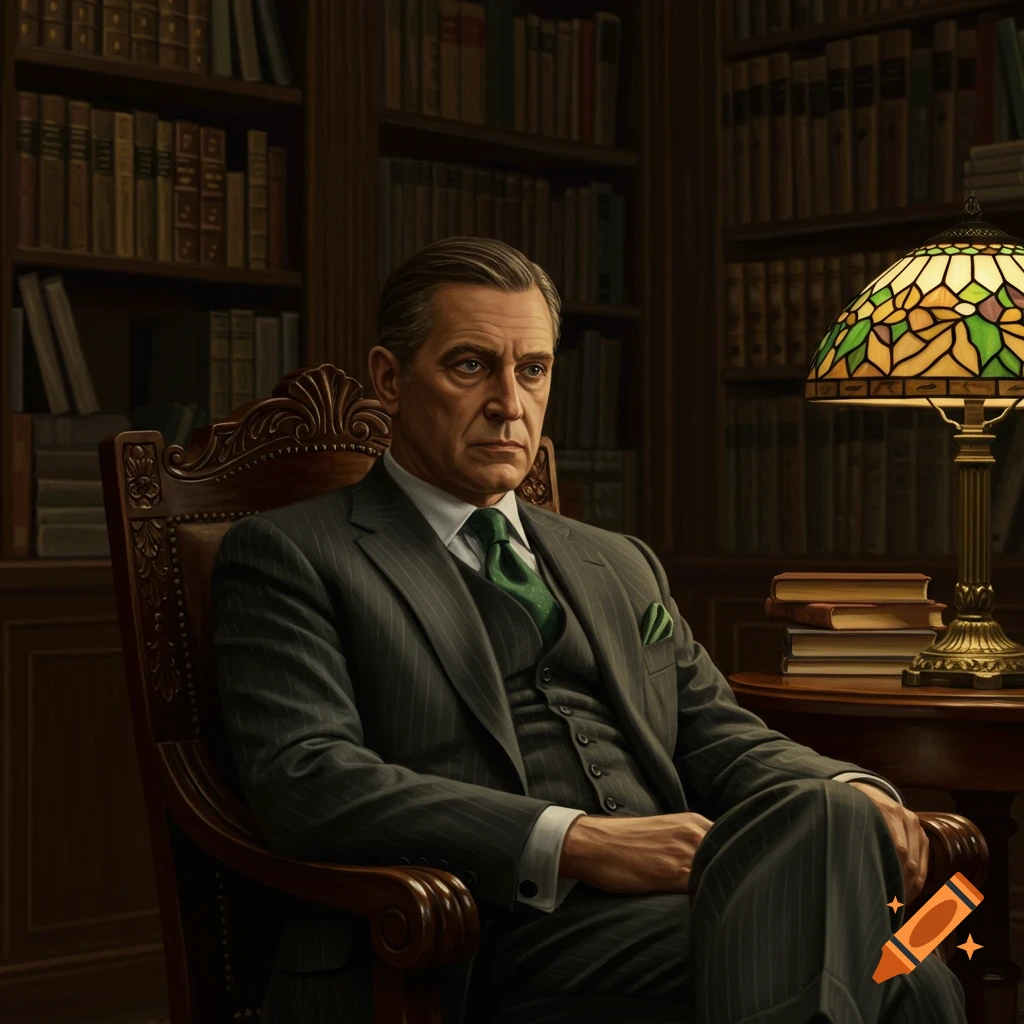 A man in a pinstripe suit sits in a leather armchair in a library with bookshelves and a Tiffany lamp.
