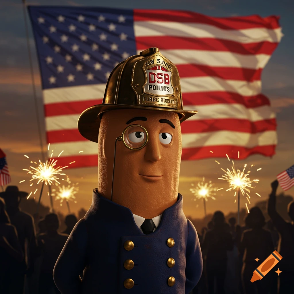 Cartoon peanut character in fireman's helmet, suit, and monocle, against an American flag with sparklers.