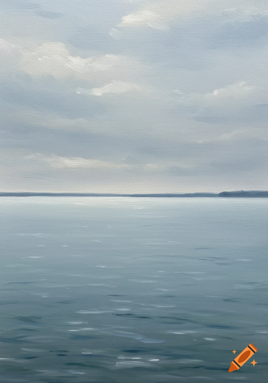Minimalist landscape painting of a lake under a cloudy sky, with a faint landmass on the horizon.