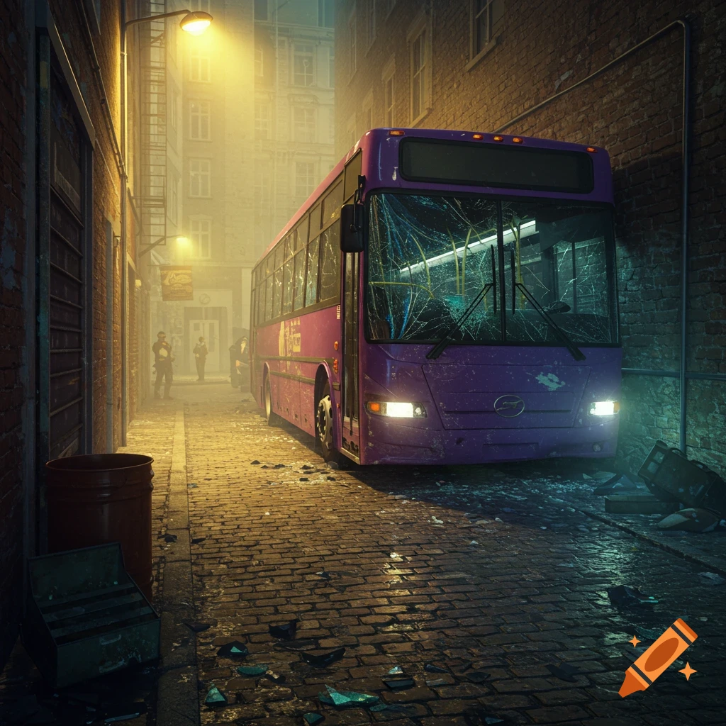 A damaged purple bus with a broken windshield sits in a dark, narrow brick alleyway under streetlights, with scattered debris on the wet cobblestones.