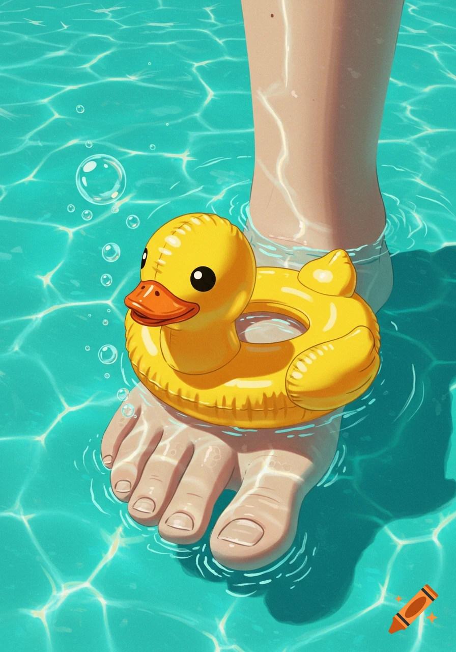 A cartoon illustration of a foot with a small yellow rubber duck float around one toe in a bright blue swimming pool.