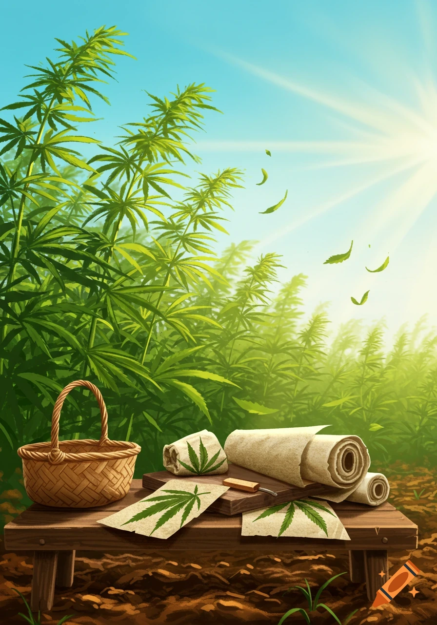 Illustrative scene of a vibrant hemp field under a sunny sky, with a wooden table holding a basket, rolled hemp material, and sheets of paper with leaf designs.