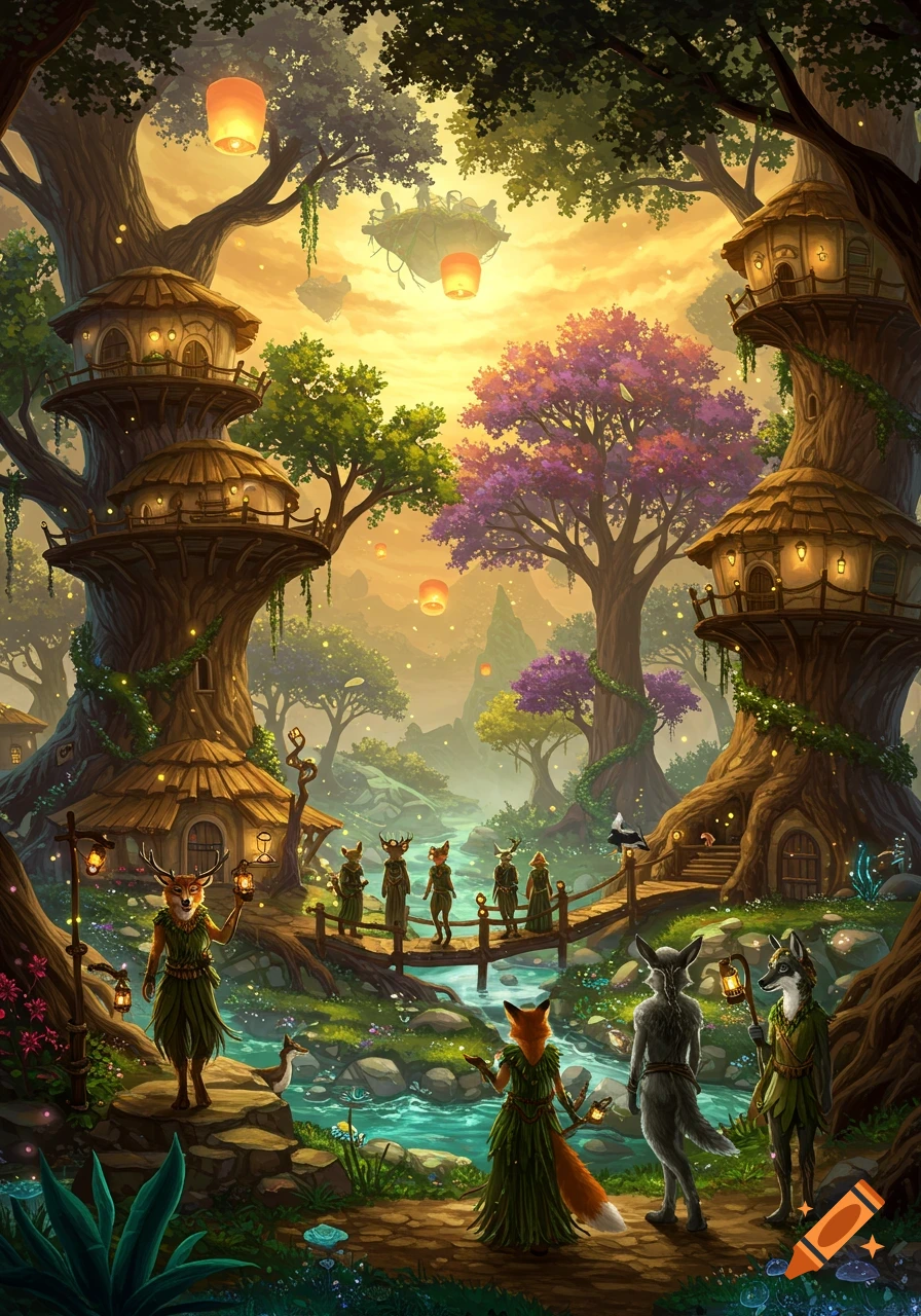 A serene fantasy landscape with glowing treehouses, a river, and anthropomorphic animals in robes, under a golden and violet sky.
