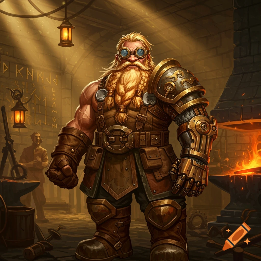 A muscular male fantasy dwarf with blond braided hair and beard, wearing goggles, brown leather armor, and a bronze prosthetic arm, stands in a blacksmith's forge.