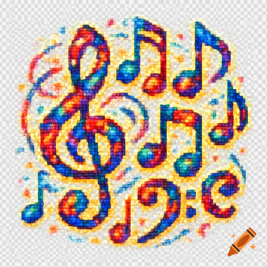 Vibrant, colorful mosaic of musical notes and a treble clef on a transparent background.