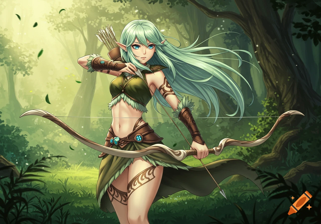Anime-style elf archer with long mint green hair and blue eyes, wearing a tribal outfit, drawing a bow in a lush green forest.