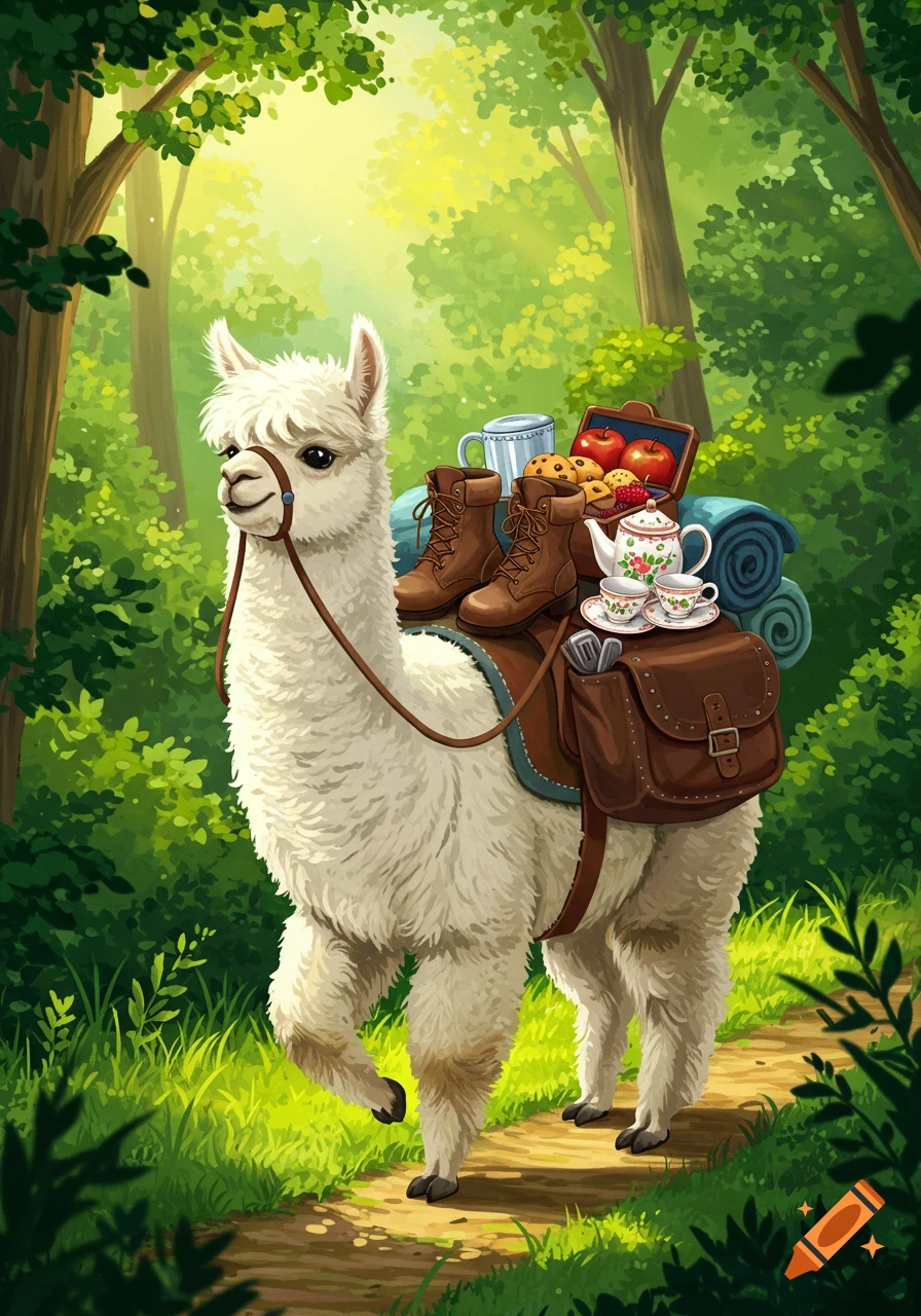 A white alpaca with a saddle packed with hiking boots, a teapot, teacups, cookies, and apples walks on a sunlit forest trail in a whimsical illustration.