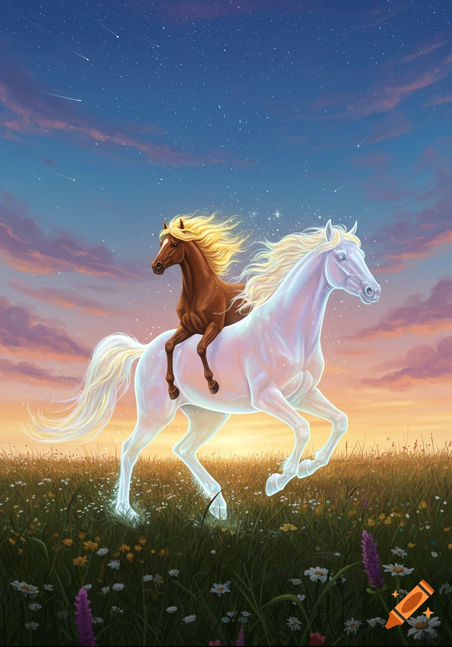 A small brown horse with a golden mane rides on the back of a large, glowing white horse through a field of wildflowers at sunset under a starry sky.