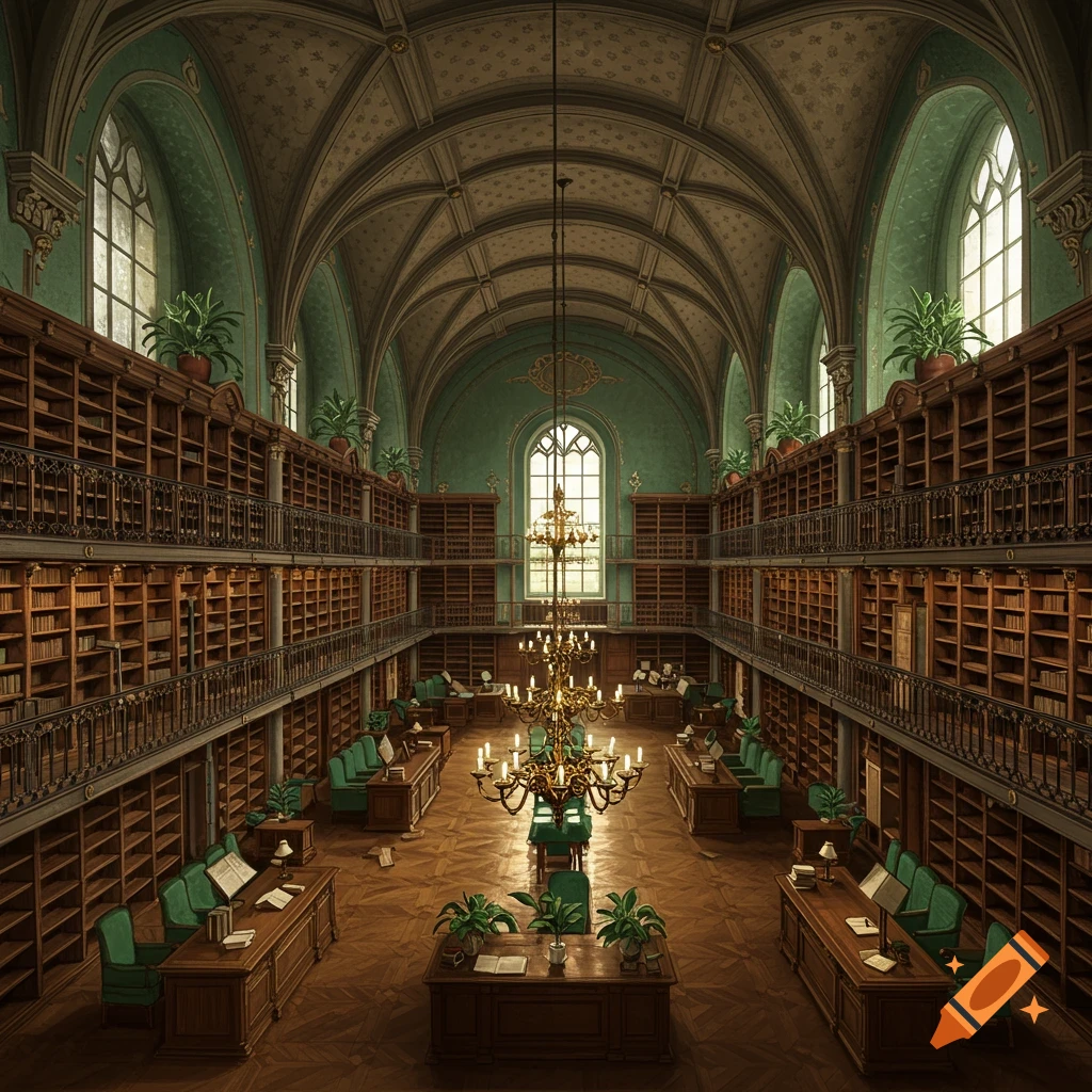 Grand, ornate library interior with high vaulted ceilings, large windows, multiple levels of bookshelves, and study desks.