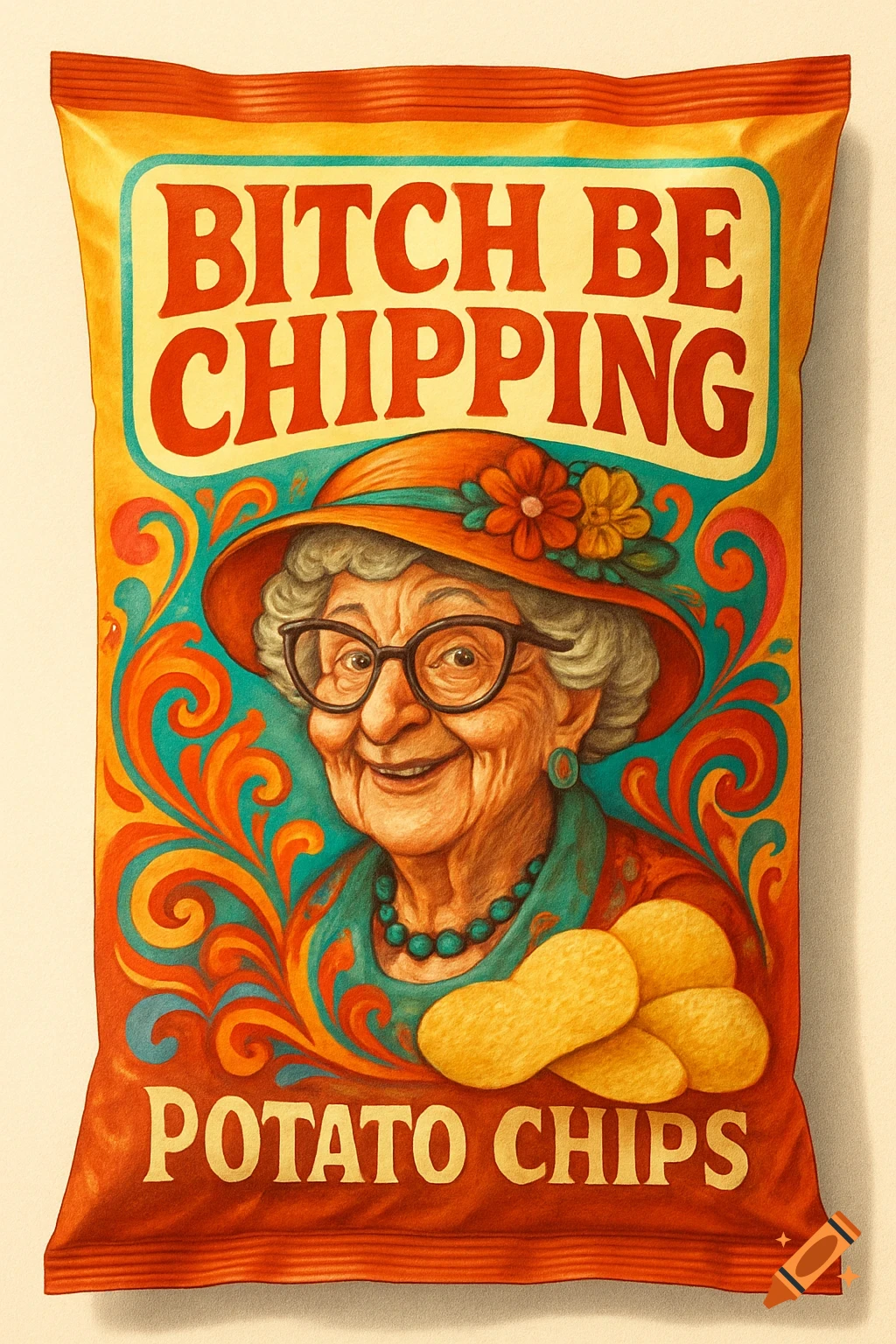 A colorful vintage-style potato chip bag featuring a smiling old woman in a hat, with the text 'BITCH BE CHIPPING POTATO CHIPS'.
