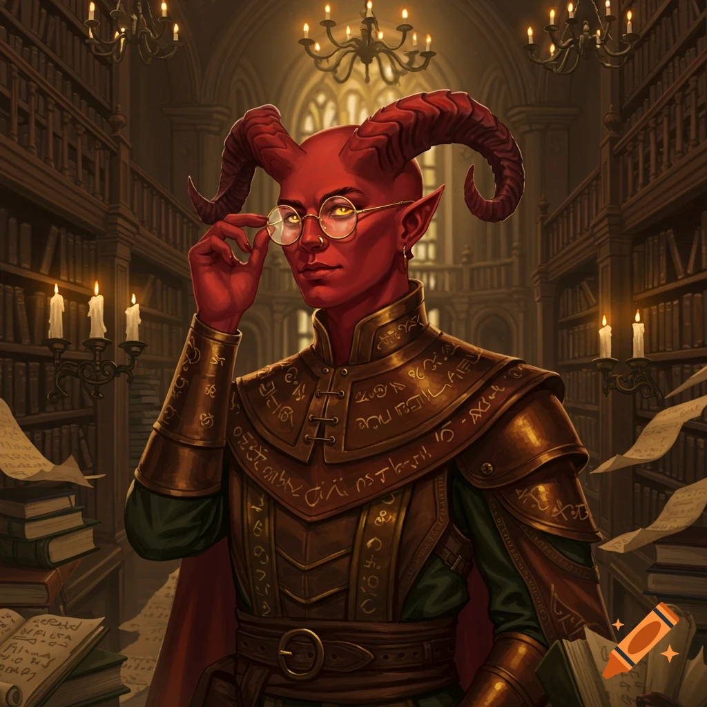 A red-skinned, horned tiefling in ornate armor adjusts their round glasses in a dimly lit, elaborate library.