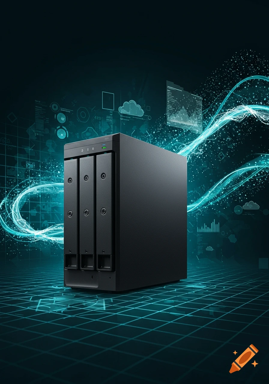 Black network attached storage (NAS) device in a dark, tech-themed environment with blue grid lines and abstract data streams.