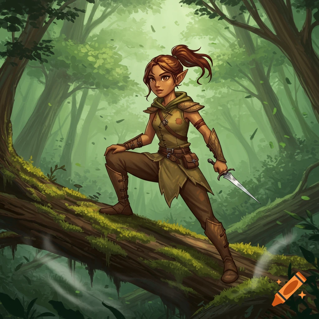 A female wood elf rogue with brown hair in a ponytail, wearing green and brown adventurer gear, stands on a mossy log in a lush forest, holding a dagger. Illustrated style.