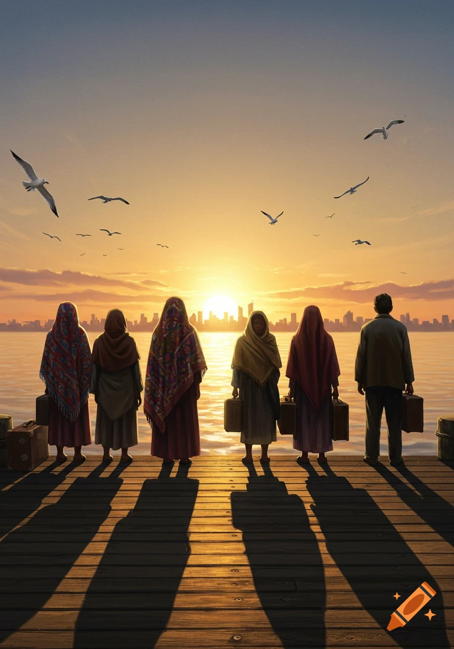 A diverse group of people, backs to the viewer, stand on a wooden pier at sunset, looking across water towards a city skyline. They carry suitcases.