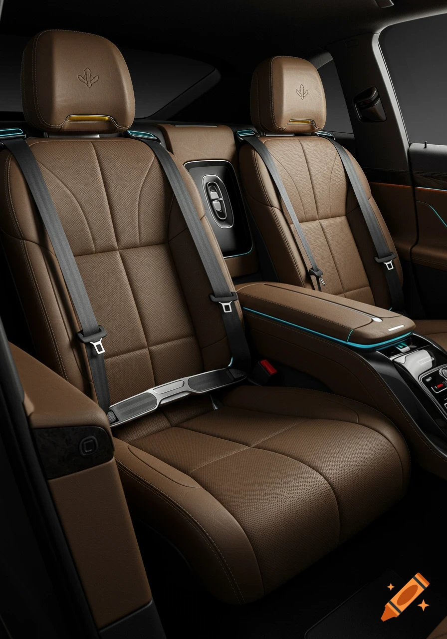 Photorealistic image of the luxurious brown leather backseats of a modern car, featuring unique seatbelts and blue ambient lighting.