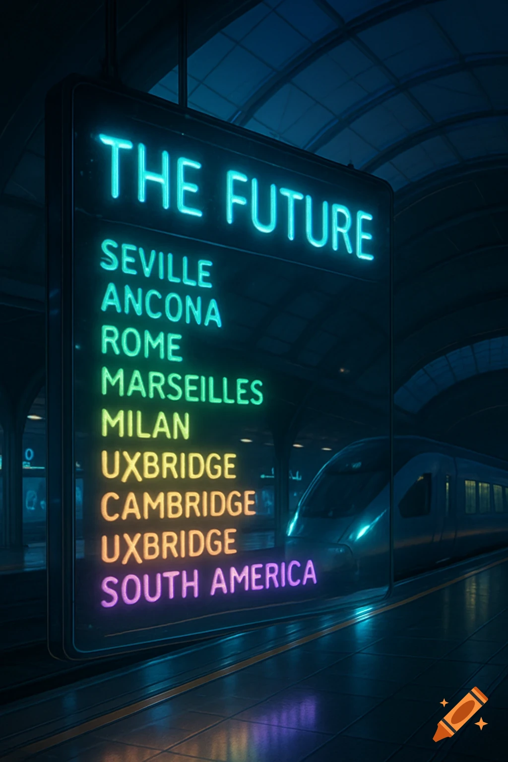 A futuristic train station at night, featuring a large neon sign displaying destinations such as Seville, Rome, and South America, with a modern train at the platform.