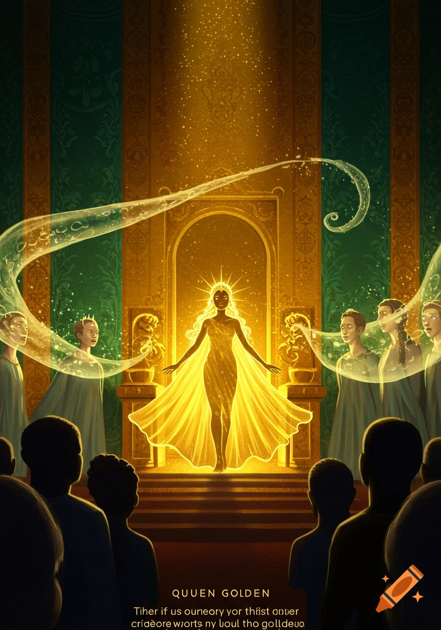 A glowing golden figure with a crown stands on a stage with arms outstretched, surrounded by golden light and an audience, in a regal hall.