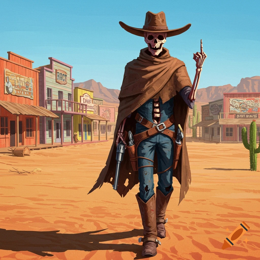 A stylized skeleton cowboy in a hat and poncho walks through a dusty western town, holding up a middle finger. Colorful buildings and mountains are in the background.