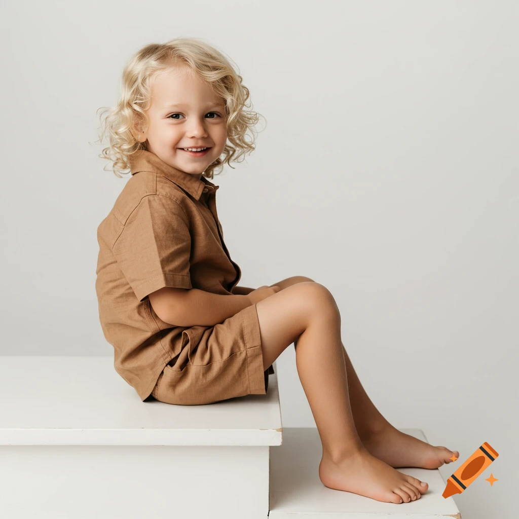 A smiling young boy with blonde curly hair in a brown shirt and shorts sits barefoot on white steps in a studio, looking at the camera.