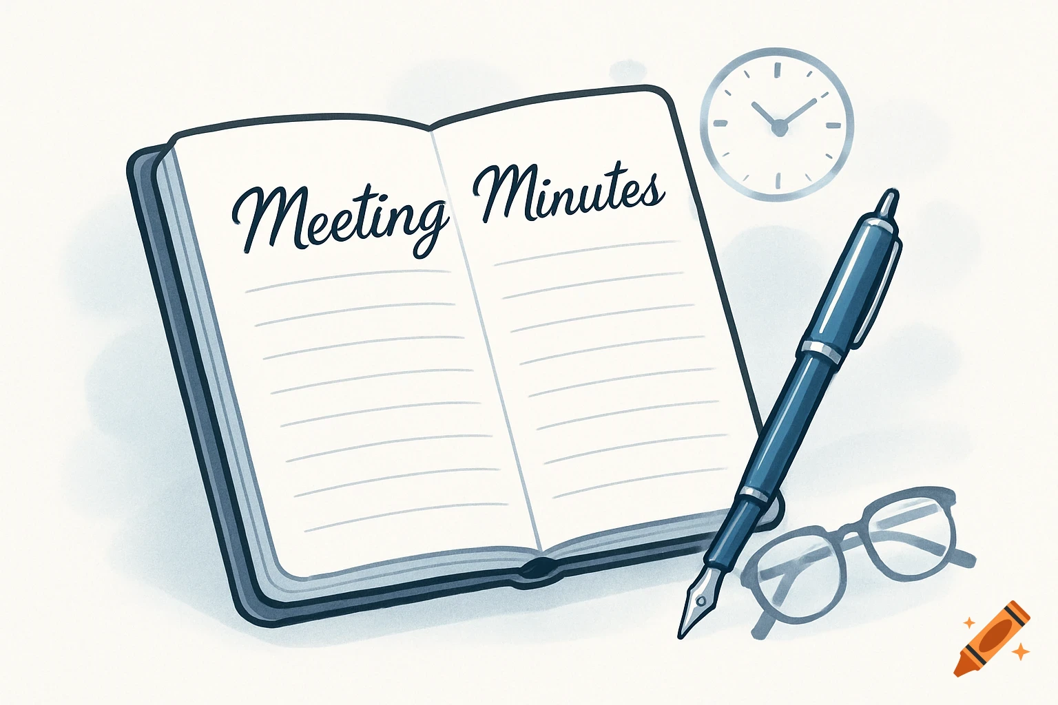 A clipart illustration of an open notebook with "Meeting Minutes" written on the pages, next to a fountain pen, reading glasses, and a clock.