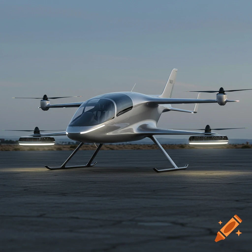 A sleek, silver futuristic personal aerial vehicle with ducted fans and landing skids on an airfield.