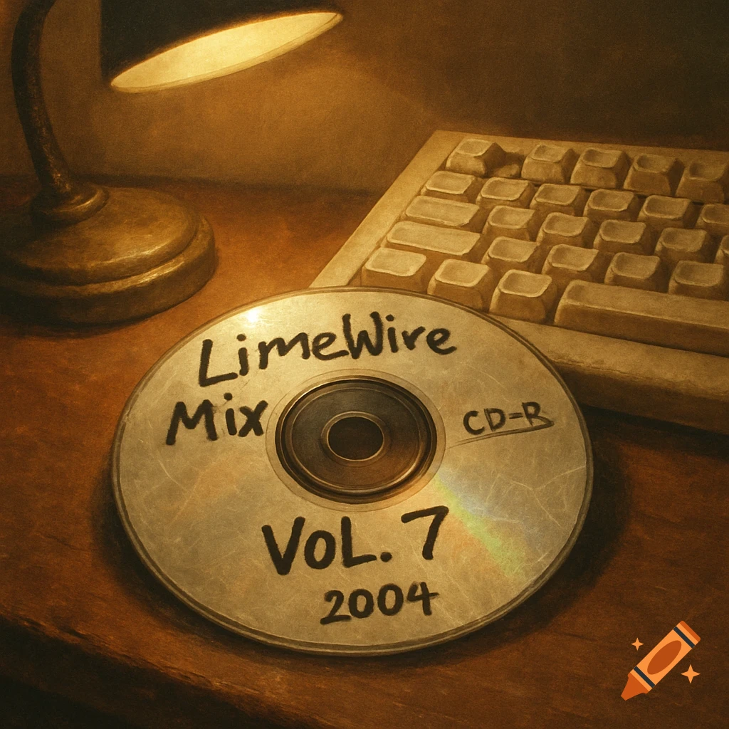 A scratched CD-R labeled 'LimeWire Mix Vol. 7 2004' on a wooden desk next to an old keyboard and a lit desk lamp, in a painterly style.
