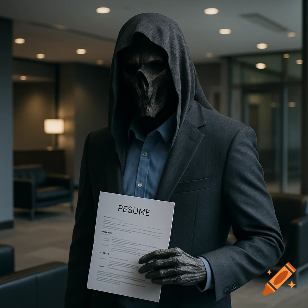 A hooded, skeletal creature in a business suit holds a resume in an office setting, in a photorealistic style.